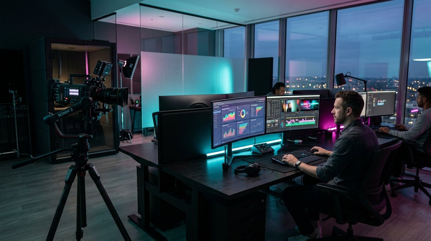 Konnekt Digital creative studio, marketing analytics screens and cinema camera rig