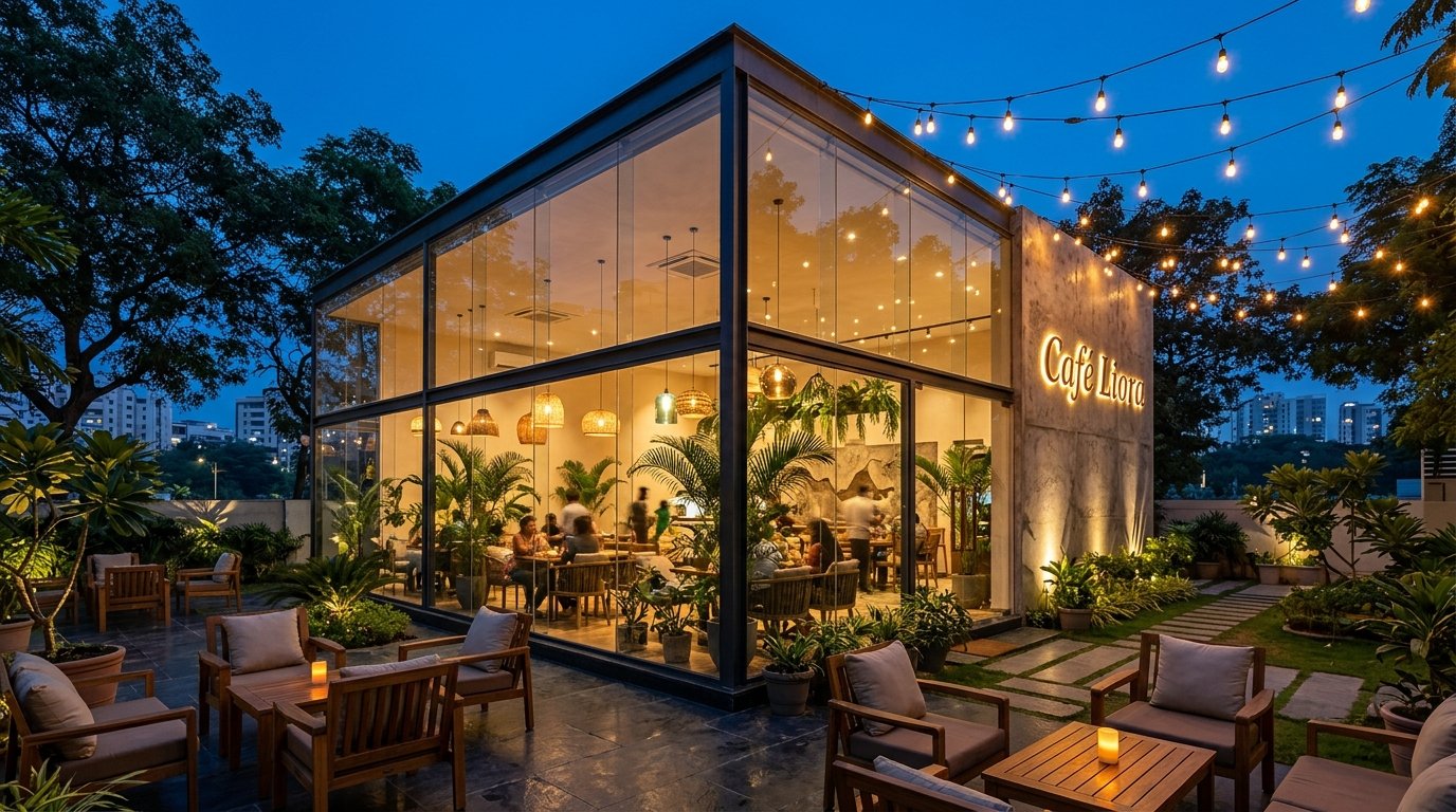 Cafe Liora exterior and patio in Hyderabad